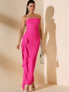 Strapless Hot Pink Ruffle Column Dress